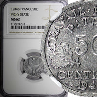 France Vichy State Aluminum 1944 B 50 Centimes WWII Beaumont NGC MS62 KM# 914.2