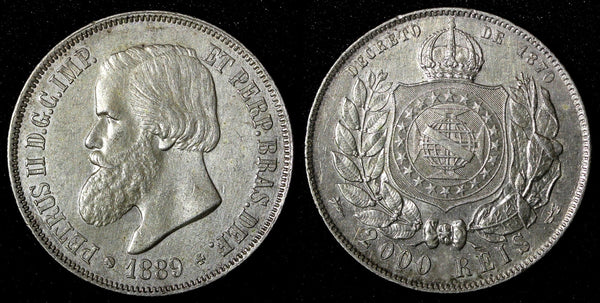 BRAZIL Pedro II Silver 1889 2000 Reis 37mm Last Year Type  XF KM# 485 (27 412)