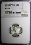 FRANCE Silver 1916 50 Centimes NGC MS63 KM# 854 (048)