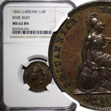 Great Britain George IV Copper 1826 Farthing Bare Bust NGC MS62 BN KM# 697 (020)