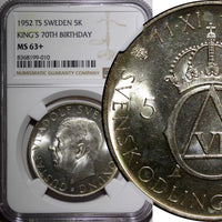 SWEDEN Silver 1952 ST 5 Kronor NGC MS63+  70th Birthday Gustaf VI KM# 828(10)