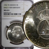 SWEDEN Silver 1952 ST 5 Kronor NGC MS63+  70th Birthday Gustaf VI KM# 828(10)
