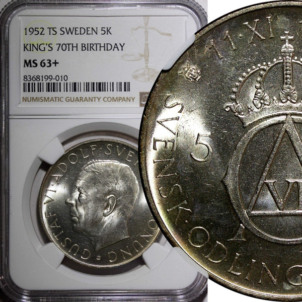 SWEDEN Silver 1952 ST 5 Kronor NGC MS63+  70th Birthday Gustaf VI KM# 828(10)