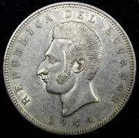 Ecuador Silver 1944 Mo 5 Sucres Mexico Mint 37.8 mm; 25g. WWII KM# 79 (26 640)