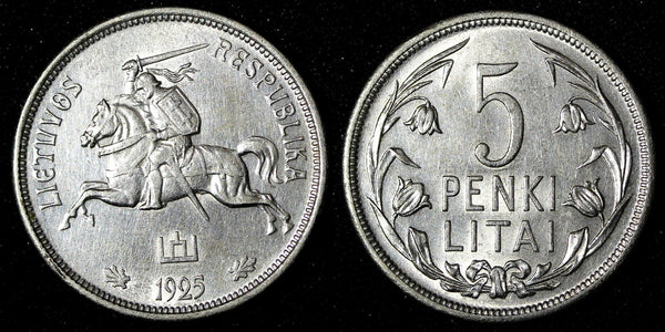 Lithuania Silver 1925 5 Litai  One Year Type. aUNC KM# 78 (27 843)