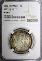 SWEDEN Silver Jubilee Oscar II 1897 EB 2 Kronor NGC MS65 BU Toned KM# 762 (002)