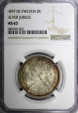 SWEDEN Silver Jubilee Oscar II 1897 EB 2 Kronor NGC MS65 BU Toned KM# 762 (002)