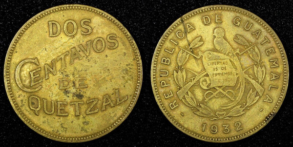 GUATEMALA Brass  1932  2 Centavos Toned High Grade KM# 250 (24 673)