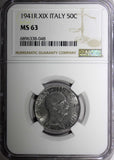 Italy Vittorio Emanuele III 1941 50 Centesimi WWII Issue NGC MS63  KM# 76b (48)