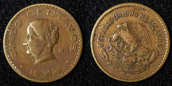Mexico ESTADOS UNIDOS MEXICANOS Bronze 1943 5 Centavos WWII ISSUE KM# 424 (932)