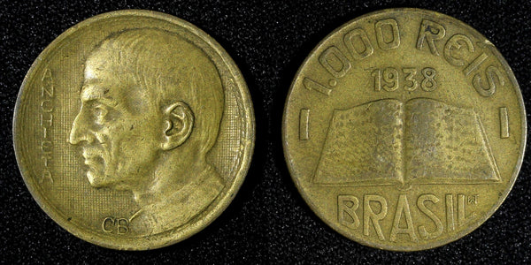 BRAZIL José de Anchieta Aluminum-Bronze 1938 1000 Reis KM# 541 (27 808)