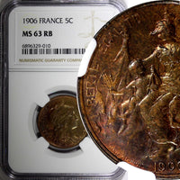 FRANCE Bronze 1906 5 Centimes NGC MS63 RB Nice Toned KM# 842 (010)