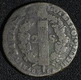 France Louis XV Copper 1792 I 2 Sols 1 Year Type Limoges Mint KM# 603.7 (28 789)