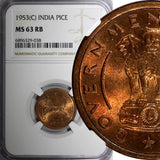 India-Republic Bronze 1953 (C) 1 Pice Ashoka Lion NGC MS63 RB KM# 1.4 (038)