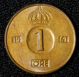 Sweden Gustaf VI Adolf Bronze 1961 TS 1 Ore GEM BU Toned KM# 820 (30 226)