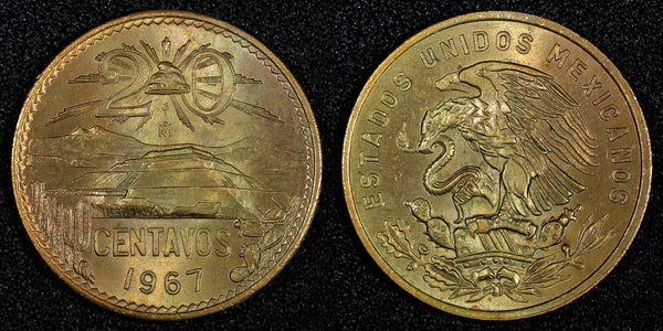 MEXICO  Bronze 1967 Mo 20 Centavos Nice Toned UNC  KM# 440 (27 368)