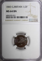 GREAT BRITAIN Victoria Copper 1843 1/2 Farthing NGC MS64 BN KM# 738 (021