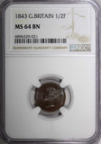 GREAT BRITAIN Victoria Copper 1843 1/2 Farthing NGC MS64 BN KM# 738 (021