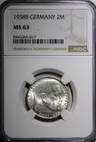 Germany - Third Reich Silver 1938 B 2 Reichs Mark NGC MS63 Hindenburg KM# 93 (7)