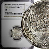 Egypt Occupation Coinage Silver AH1335/1917 H 2 Piastres NGC MS64 KM# 317.2 (06)