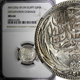 Egypt Occupation Coinage Silver AH1335/1917 H 2 Piastres NGC MS64 KM# 317.2 (06)