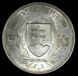 SLOVAKIA Jozef Tiso Silver 1944 50 Korun WWII Issue 34mm 1 Year Type KM# 10 (19)