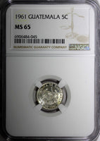 GUATEMALA Silver 1961 5 Centavos NGC MS65 GEM BU Nice Toned KM# 260 (045)