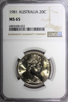 AUSTRALIA Elizabeth II  1981 20 Cents NGC MS65 GEM BU KM# 66 (022)