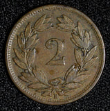 Switzerland Bronze 1866 B 2 Rappen Bern Mint  KM# 4.1 (28 551)