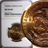 Mexico Bronze 1966 Mo  20 Centavos NGC MS66 RB TOP GRADED GEM BU KM# 440 (014)