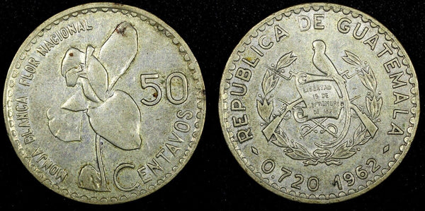 Guatemala Silver 1962 50 Centavos 31 mm Toned KM# 264 (24 651)