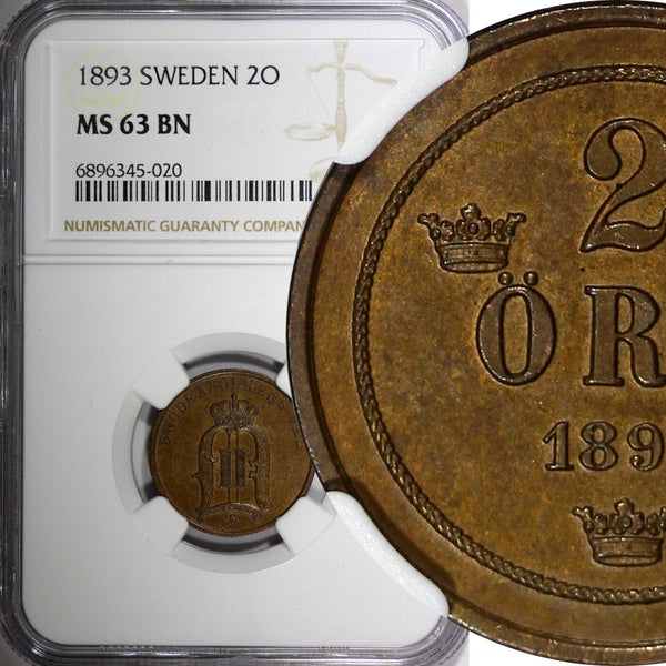 SWEDEN Oscar II Bronze 1893 2 Öre Mintage-557,554 NGC MS64 BN KM# 746 (020)