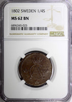 SWEDEN Gustav IV Adolf 1802 1/4 Skilling NGC MS62 BN  KM# 564 (025)