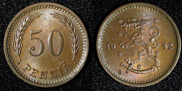 Finland Copper 1942 50 Penniä WWII Issue ch.UNC KM# 26a  (27 748)