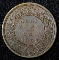 India-British Victoria Copper 1862  1/2 Anna VF/XF KM# 468 (27 554)