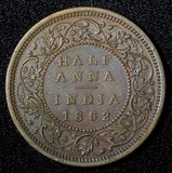 India-British Victoria Copper 1862  1/2 Anna VF/XF KM# 468 (27 554)