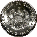 GUATEMALA Silver 1964 25 Centavos NGC MS66 GEM BU LAST YEAR KM# 263 (12)