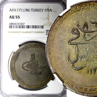 TURKEY Mustafa III Silver AH1171 (1772) 86 1 Piastre NGC AU55 Toned KM# 321.2(7)