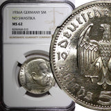 Germany - Third Reich Silver 1936 A 5 Reichsmark Berlin Mint NGC MS62 KM# 86(10)