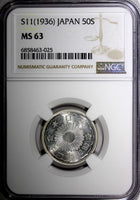 JAPAN Shōwa Silver Year 11 (1936) 50 Sen NGC MS63 Mint Luster Y# 50 (25)