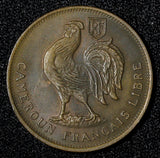 Cameroon Bronze 1943 1 Franc with "LIBRE" Rooster ch.XF Toned KM# 7 (28 592)