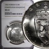 Norway Olav V Constitution Sesquicent.Silver 1964 10 Kroner NGC MS63 KM# 413 (1)