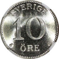 Sweden Gustaf V Silver 1934 G 10 Ore NGC MS65+ GEM BU SCARCE KM# 780 (023)