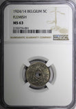 BELGIUM Albert I 1924/14 5 Centimes OVERDATE NGC MS63 TOP GRADED KM# 67 (1)