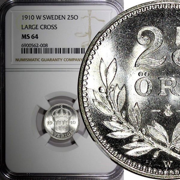 SWEDEN Gustaf V Silver 1910 W 25 Ore LARGE CROSS NGC MS64 KM# 785 (8)