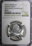 SWEDEN Silver 1932 G 2 Kronor NGC MS62 Death of Gustaf II Adolf BU KM# 805 (002)