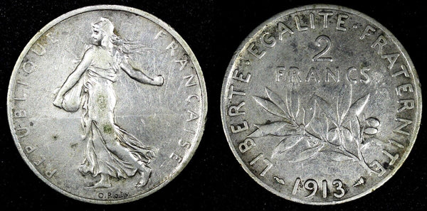 FRANCE Silver 1913 2 Francs Paris Mint 27mm Better Date KM# 845.1 (25 552)