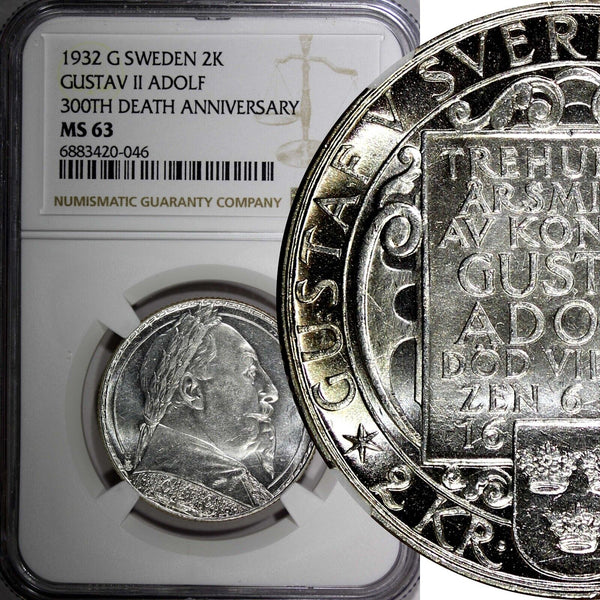 SWEDEN Silver 1932 G 2 Kronor NGC MS63 Death of Gustaf II Adolf BU KM# 805 (046)