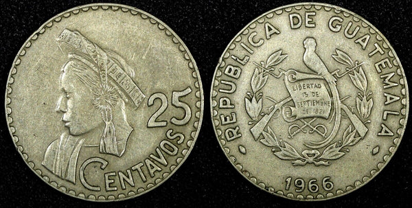 GUATEMALA Copper-Nickel 1966 25 Centavos Toned KM# 268 (24 654)