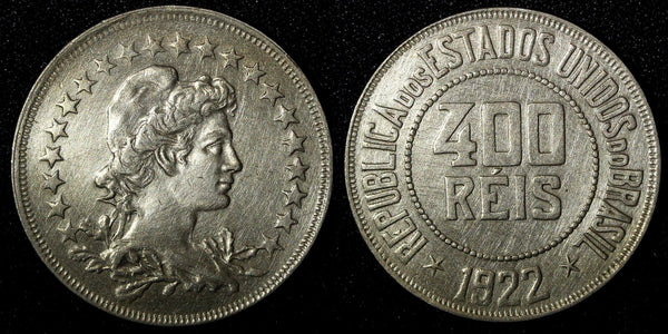 BRAZIL Copper-Nickel 1922 400 Reis Liberty 30.2mm KM# 520 (27 795)